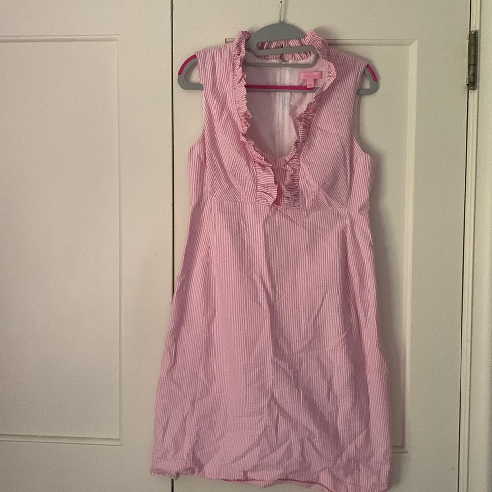 Lilly Pulitzer pink seersucker shift dress